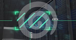Image of data processing and analysis over server racks in data center