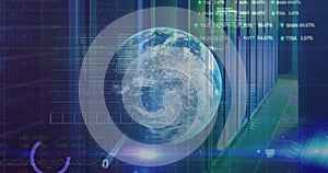 Image of data processing, binary coding and globe over computer servers