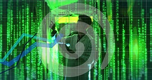 Image of data processing and binary coding over asian technician and computer servers