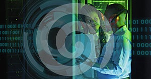 Image of data processing and binary coding over diverse it engineers and computer servers