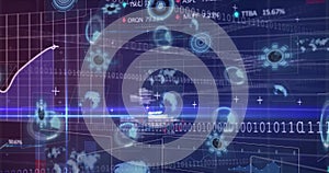 Image of data processing and binary coding over scope scanning on blue background