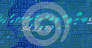 Image of data processing and binary coding over world map on blue background