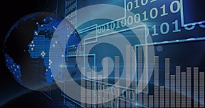 Image of data processing and binary coding on screen over planet earth