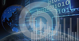 Image of data processing and binary coding on screen over planet earth