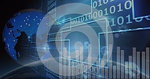 Image of data processing and binary coding on screen over planet earth