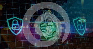 Image of data processing with biometric fingerprint over grid