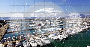 Image of data processing, biometric fingerprints and padlock icon over port