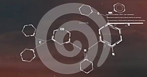 Image of data processing and chemical formula over cityscape