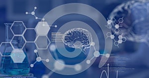 Image of data processing and chemical formula over scientist in lab