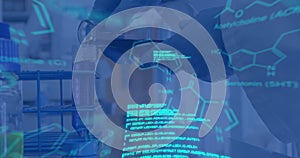 Image of data processing and chemical formula over scientist in lab