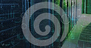 Image of data processing on circuit board over computer servers