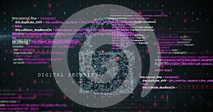 Image of data processing and cloud, padlock and shield on black background