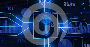 Image of data processing and computer circuit board over dark background