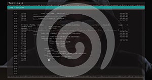 Image of data processing on computer screen over male hacker using computer