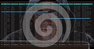 Image of data processing on computer screen over male hacker using computer