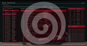 Image of data processing on computer screens over male hacker using computer