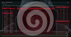 Image of data processing on computer screens over male hacker using computer