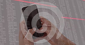 Image of data processing on computer screens over man using smartphone