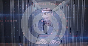 Image of data processing with cyber attack warning over hacker and computer servers