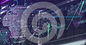 Image of data processing and diagrams over globe and arrows