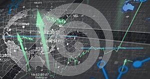 Image of data processing and diagrams over globe and arrows