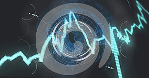 Image of data processing and diagrams over globe and arrows