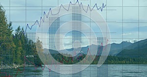 Image of data processing and diagrams over landscape