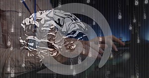 Image of data processing and digital brain over caucasian woman in server room