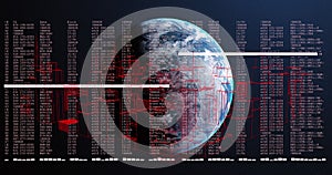 Image of data processing and digital city over globe on black background