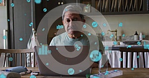 Image of data processing with digital financial icons over worried senior man using laptop