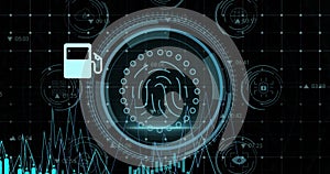 Image of data processing and digital icon over biometric fingerprint scanner on black background
