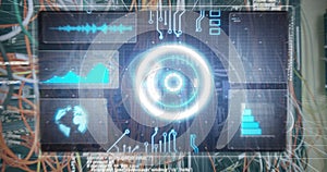 Image of data processing in on digital screen and computer wires
