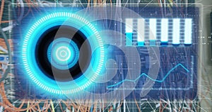 Image of data processing in on digital screen and computer wires
