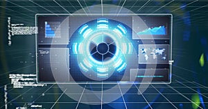 Image of data processing on digital screens moving over digital space with wires