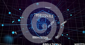 Image of data processing and digital shield with padlock on black background
