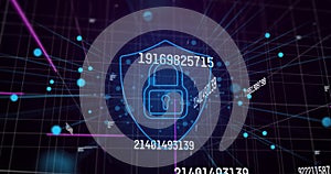 Image of data processing and digital shield with padlock on black background