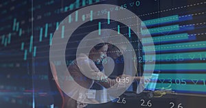 Image of data processing, diverse male and female it engineers with laptop by computer servers