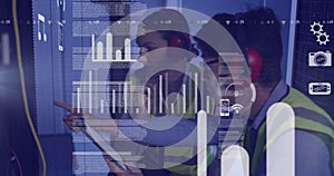 Image of data processing, diverse male and female it engineers with tablet by computer servers