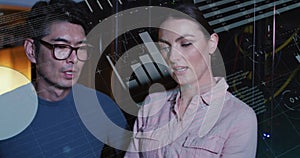 Image of data processing, diverse male and female it engineers with tablet by computer servers