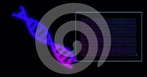 Image of data processing with dna strand on black background