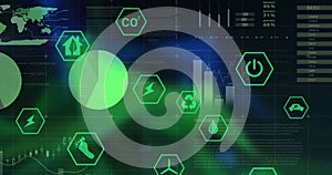 Image of data processing and ecology icons on black background