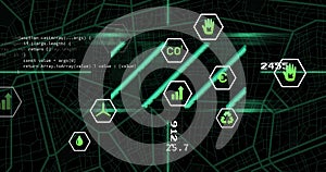 Image of data processing and ecology icons on black background