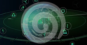 Image of data processing and ecology icons over globe