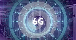 Image of data processing and 6g text over server room