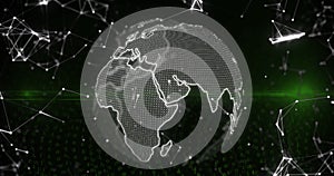 Image of data processing and globe on black background