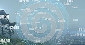 Image of data processing and globe of connections over cityscape