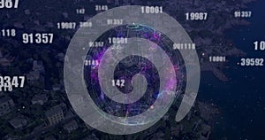 Image of data processing and globe over cityscape