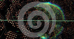 Image of data processing and globe over computer circuit board on black background