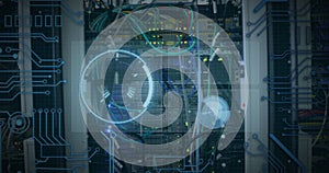 Image of data processing and globe over computer wires