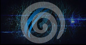 Image of data processing with globe over light trails on black background